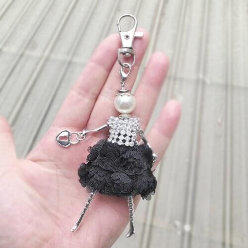 YLWHJJ brand 2021 new doll women keychain car key chains bag black dress white Rhinestone pearl pendant fashion jewelry key ring
