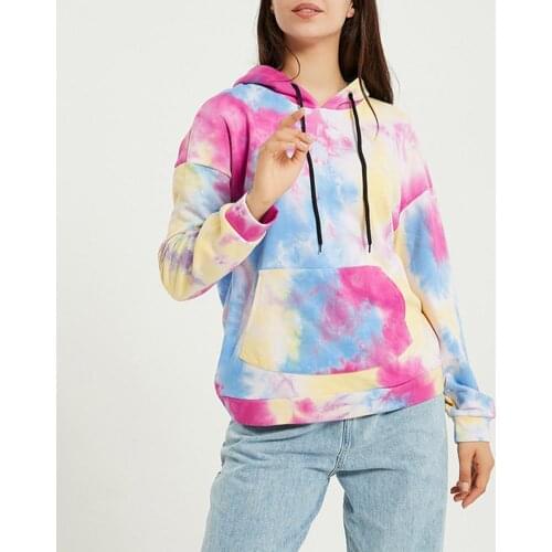 Women Fashion Long Sleeve Hooded Sweatshirt Tie Dye Pocket Loose Hoodie Top 2020