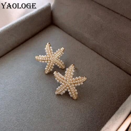 YAOLOGE Gold Color Imitation Pearls Flower Earrings For Women Alloy Stud Earrings 2021 Trend Party Gift Fashion Jewelry Brincos