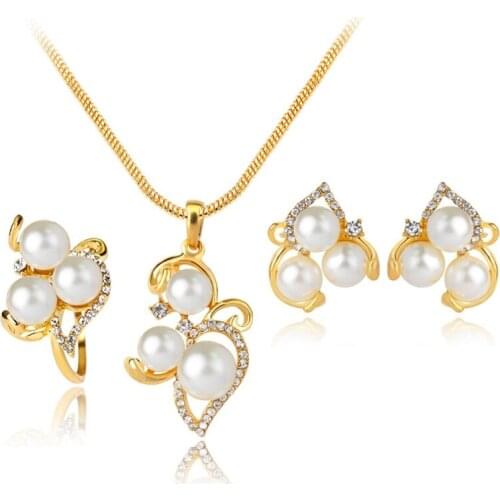 Creative Butterfly Gold-color Shining Rhinestone Imitation Pearl Rhombic Ring Necklace Earring Set for Women Jewelry Set