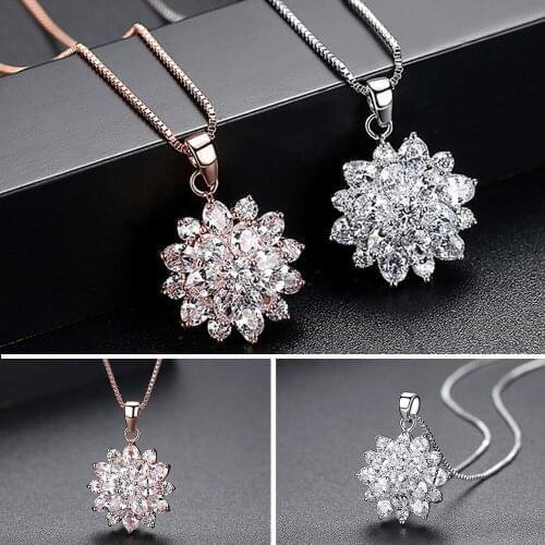 Women Girls Crystal AAA Zircon Flower Pendant Necklace Long Chain Jewelry Statement Evening Party Birthday Wedding Gifts Jewelry