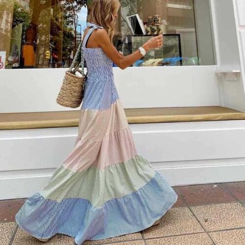 Summer Sleeveless Pleated Beach Long Dress Women Elegant Stripe Printed Party Dress Sexy Off Shoulder Bow Sling Lady Maxi Dress