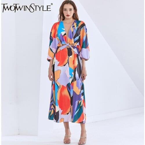 TWOTWINSTYLE Hit Color Print Loose Dress Female V Neck Lantern Long Sleeve Back Split High Waist Midi Women Dresses 2020 Clothes