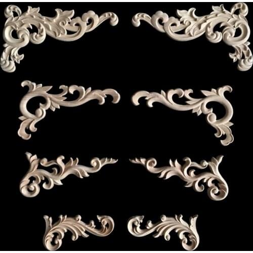 1PC Retro Vintage Wood Carved Corner Onlay Applique Frame Door Decorate Furniture Decorative Big Size Figurine Wooden Miniatures