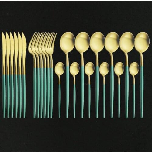 24Pcs Flatware Top 18/10 Stainless Steel Cutlery Flatware Set Round Handle Green Gold Dinnerware Spoon and Fork Set Dropshipping