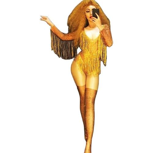 Sparkly Gold Diamonds Tassel Women Long Sleeve Bodysuits Nightclub DJ Singer Costume Evening Party Birthday Celebrate Leotard