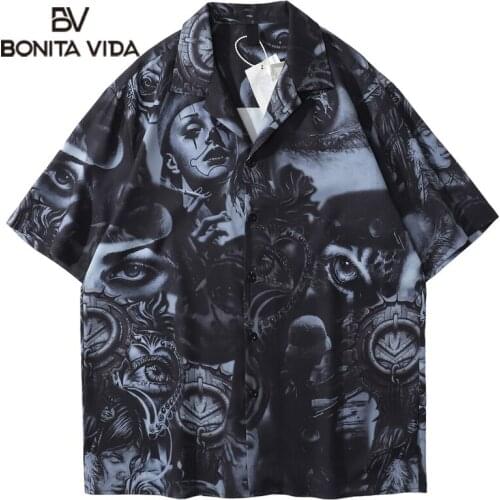 Bonita Vida Hawaiian Beach Shirts Streetwear Hip Hop Creative Punk Rock Gothic Button Shirt Men Casual Holiday Tropical Shirts