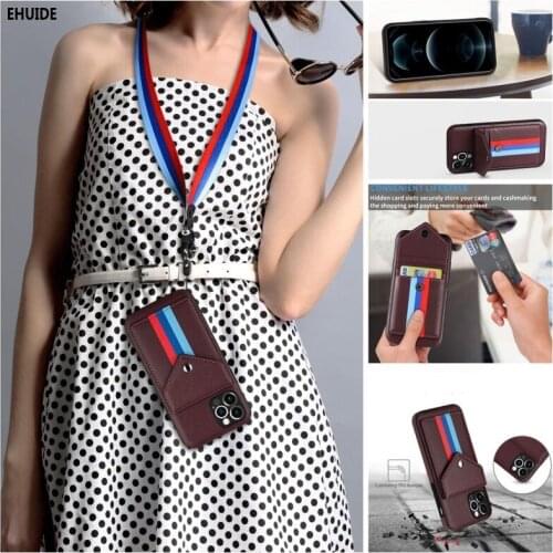 Crossbody Necklace Case For Samsung Galaxy A52 A72 A12 A51 A71 Note 20 S20 Ultra S21 Plus PU Leather Strap Wallet Card Cover