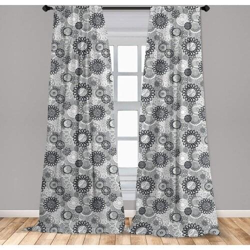 Black and Grey Window Curtain Doodle Style Blooming Flowers Greyscale Garden Art with Circles Lightweight Decorative
