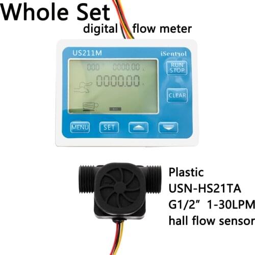 US211M Digital Flow Meter Totalizer Flow Measurement with Nylon Water Flow Sensor USN-HS21TA G1/2" Turbine Flowmeter iSentrol