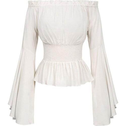 Women Girls Gothic Renaissance Victorian Chemise Shirt Medieval Retro Peasant Wench Off Shoulder Blouse Resist Top Costume