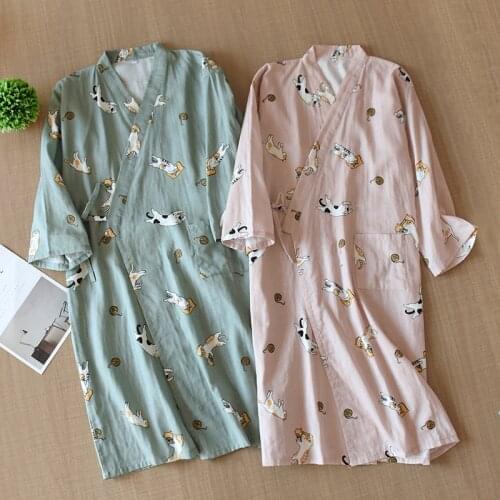 2021 Japanese-style kimono spring and summer new 100% cotton crepe ladies thin nightgown men bathrobe robe home service pajamas