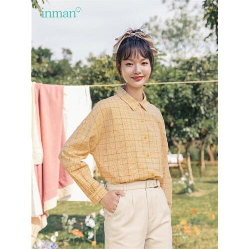 INMAN Autumn Winter Womens Blouse Plaid Literary Long Sleeve Basic Shirt Cotton and Linen Soft Young Breathable Lady Girl Top