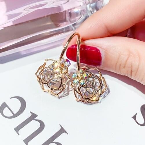 Exquisite Hollow Flower Hook Earrings for Women Crystal Zircon Gold Color Wedding Party Gift Dangle Earrings Korean Jewelry