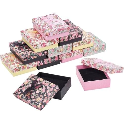 24pcs Cardboard Jewelry Gift Set Boxes for Necklace Ring Earrings Floral Pattern Bowknot Ribbon Packaging Storage Case Organizer