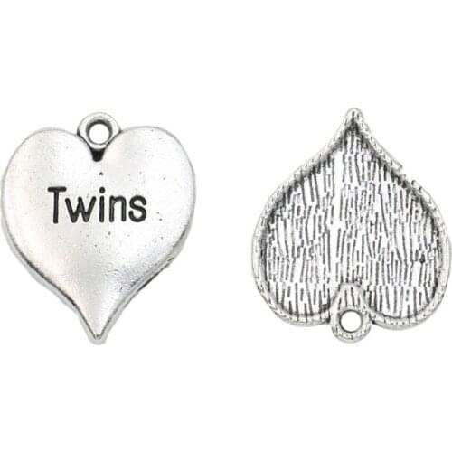 KJjewel Antique Silver Plated Twins Heart Charms Handmade Pendants Jewelry Findings Accessories Making fit DIY 21x17mm