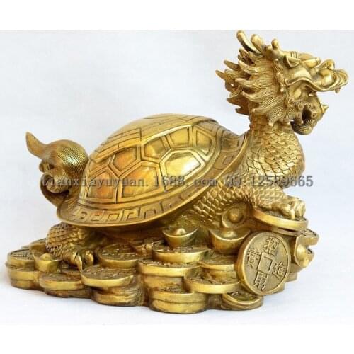 Brass Cafts Chinese Carved Coin Bagua Dragon Turtle Statue Home Decoration Feng Shui Metal Turtle Scupture