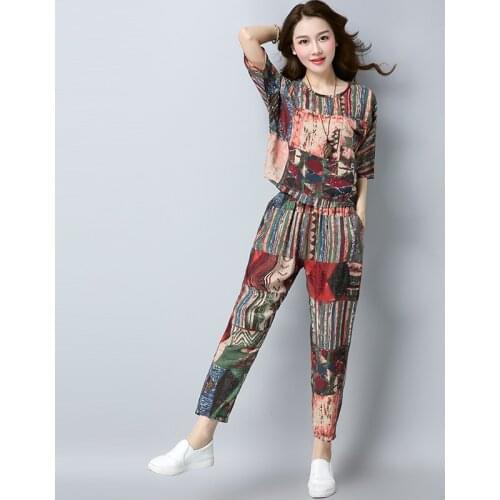 Summer Cotton Linen Printed Sporting Two Piece Set Womens Casual Loose Sets Female Tracksuit Women Two Piece Set Top And Pants