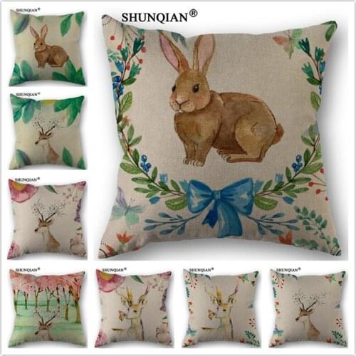 Linen Cotton Deer and rabbit Pillow Cover Custom Print Home Decorative Throw Pillows Cases 45x45cm one side C4117