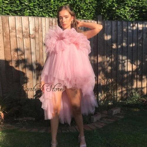 Sweet Pink High Low Tulle Summer Dress To Brithday Party Cute Strapless Tiered Ruffles Mesh Girl Dress Beach Dressing