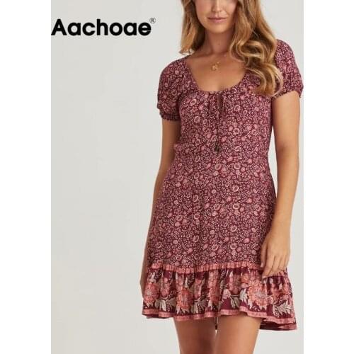 Aachoae 2021 Summer Floral Print Dress Bow Neck Boho Mini Dress Short Sleeve Lady Casual A Line Dresses Vestidos De Verano