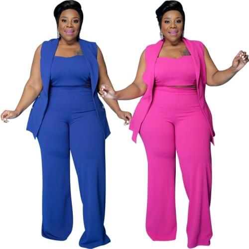 Fashion Women Plus Size L-4XL Three Pieces Casual Solid Strapless Vest + High Waist Loose Pants + Sleeveless Waistcoat Sets