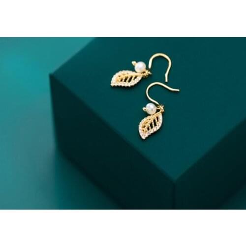 Authentic Real 100% 925 Sterling Silver fine Jewelry White Shell Pearl Leaf branch shape oval Hook dangle Earrings gtle2907