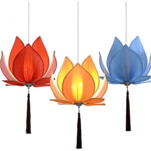 New Chinese Fabric Lotus Shape Chandelier Pendant Ceiling Lamp Hanging Light Lampshade DIY Living Room Bedroom Restaurant Decor
