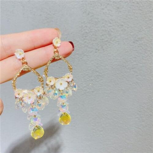 New Elegant Pink Shiny Zircon Flower Circle Long Drop Earrings For Women Delicate Micro Paved Pendientes Jewelry