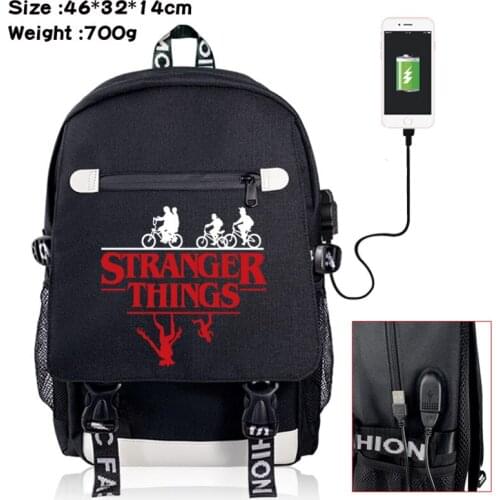 Stranger Things Bag USB Port Backpack Rucksack Travel School Bag Boys Girls Book Bag Day Pack Black Front Zipper