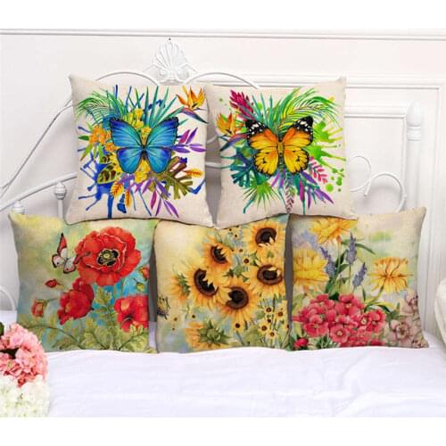 Throw Pillow Cases Watercolor Flowers Butterfly Cushion Cover 45x45cm Home Living Room Decoration Linen/Cotton Pillowcover Decor