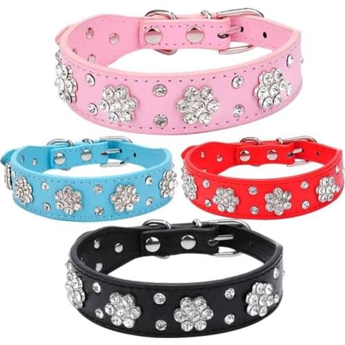 Adjustable Fashion Rhinestone Flower Faux Leather Pet Neck Collar for Small Dogs