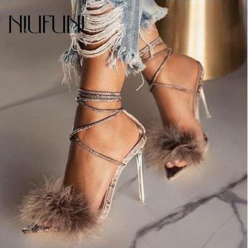 Sexy Plus Size 41 Transparent Pointed Toe Snake Print Women Sandals Fur Ankle Strap High Heels Summer Footwear Shoes For Women