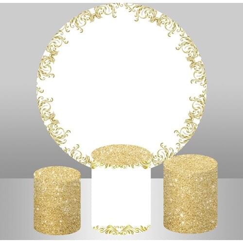 Sensfun White and Golden Decorative Pattern Round Backdrop Photo Background Party Decor Cylinder