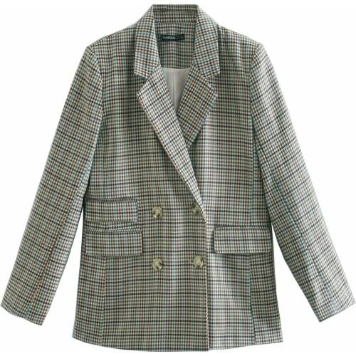 Spring 2021 New Retro Plaid Thick Loose Suit Jackets Womens Long Sleeve Double Breasted Oversized Blzaer Female