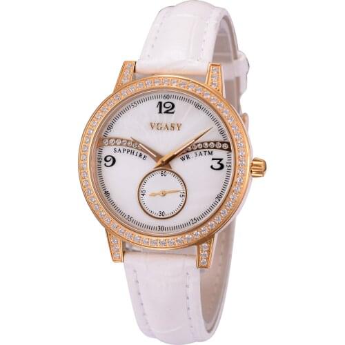 VGASY Shell Pan White Lady Shi Ying Watch Crystal Diamond Simple Temperament Leisure Fashion Belt Travel Luxury Watch