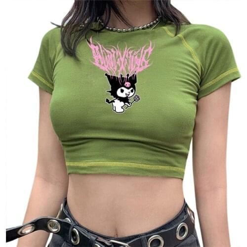 Women Summer Short Sleeve O-Neck T-Shirt Cute Anime Cartoon Figure Letters Print Crop Top Harajuku Casual Slim Fit Graphic