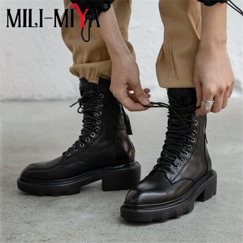 MILI-MIYA Fashion Martin Shoes Women Cow Leather Ankle Boots Zipper Solid Color Square Heels Round Toe Motorcycle Shoes