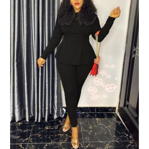 2021 Women Casual Two Pieces Solid Tracksuits Long Sleeve Peplum Shirt Top and Skinny Pants Set