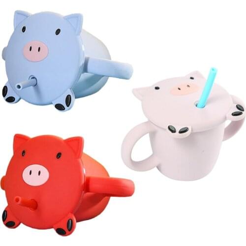240ml Cartoon Piggy BPA-free Baby Silicone Non-slip Water Cup with Double Handle Lid Straw Training Drinkware