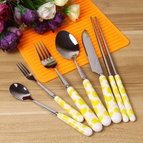6pcs Stainless Steel Cutlery Dinner Knife Fork Spoon Teaspoon Chopsticks Cermic Cartoon Tableware Children Kid Dinnerware Set