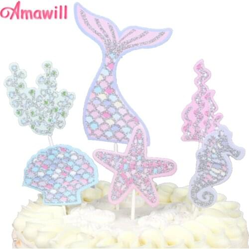 Amawill 6pcs Mermaid Starfish Seahorse Seaweed Glitter Cake Topper Birthday Party Decorations Kids Baby Little Mermaind Party 7D