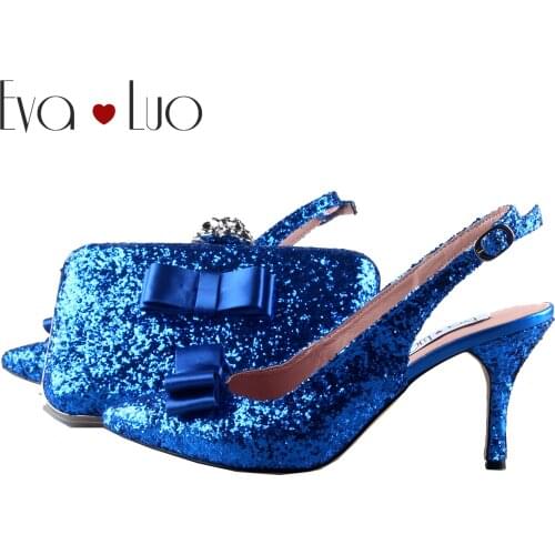 BS1025 Custom Made Royal Blue Glittler Shoes With Matching Bag Women Shoes Dress Pumps Low Heel Bridal Wedding Shoes