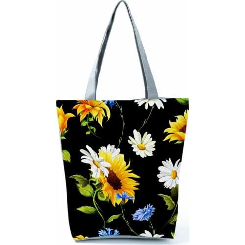 Florals Printed Black Shoulder Bags Refreshing Sunflower Handbags Fashion Womens Bag Eco Beach Bag High Capacity Shopping Bag