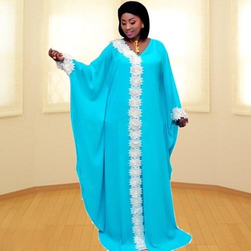 Applique Design High Quality African Dresses Women Long Bat Sleeve Pure Blue With Inner Dress Elegant Casual Maxi Femme Vestidos
