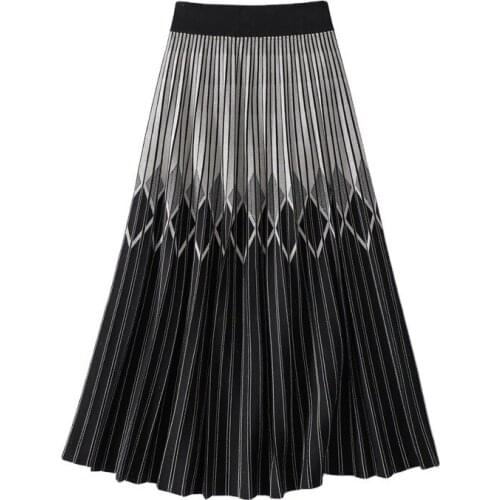 SHUCHAN Long Skirts for Women Vintage Knitting Pleated Geometric Ankle-Length Empire Women Clothes Korean Style
