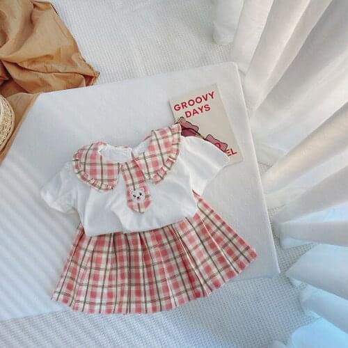 Girls' College Style Doll Collar T-shirt Short Skirt Set Summer Childrens Short Sleeve Top and Skirt Two-piece Set
