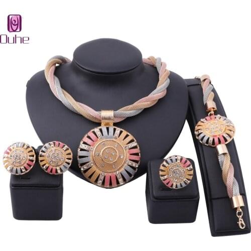 Dubai Gold Colorful Jewelry set For Women Round Necklace Earring Bracelet Ring Crystal Bridal Wedding Accessories Jewelry Set