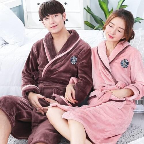 FZSLCYIYI Winter Warm Flannel Lovers Robe Kimono Bathrobe Nightgown Thick Warm Long Sleeve Sleepwear Bath Robe