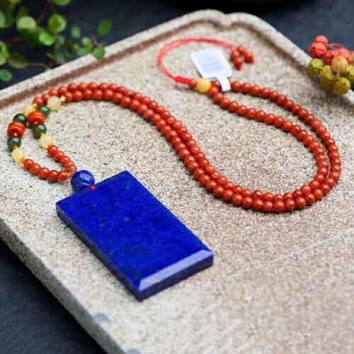 Fine Natural Stone Pendants Square Pendants with Red South Beads Crystal Sweater Chain Necklace Lucky Fashion Jewelry JoursNeige